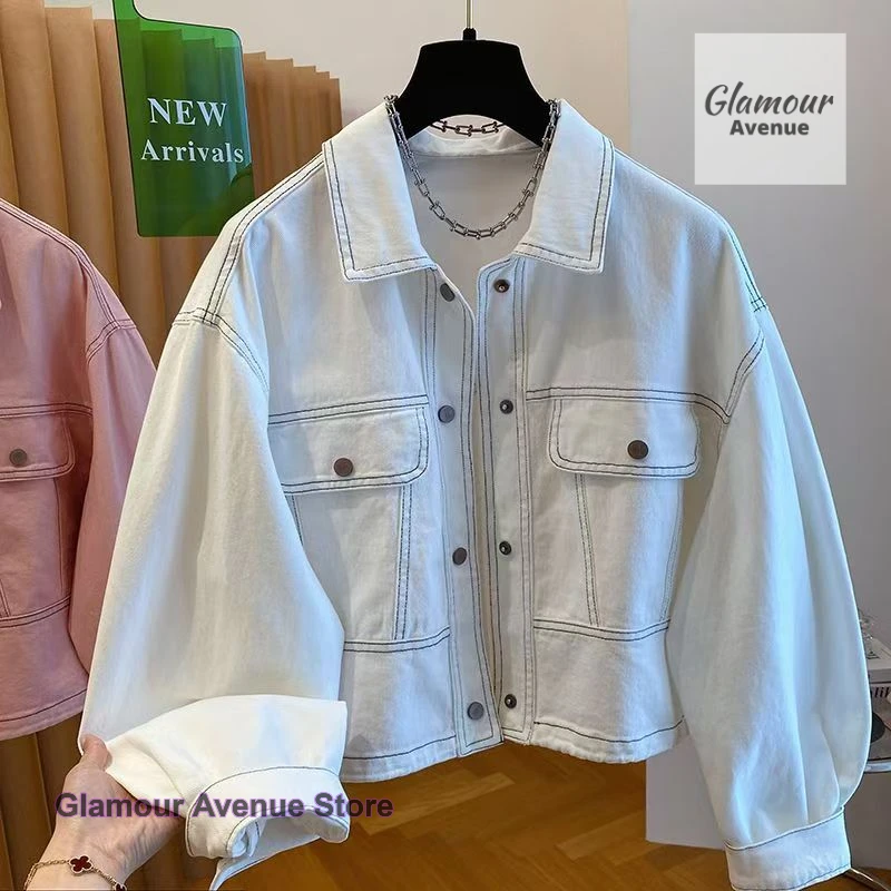 Korean solid color line pocket denim jacket women's spring and autumn new Joker casual fashion temperament Joker jacket top.