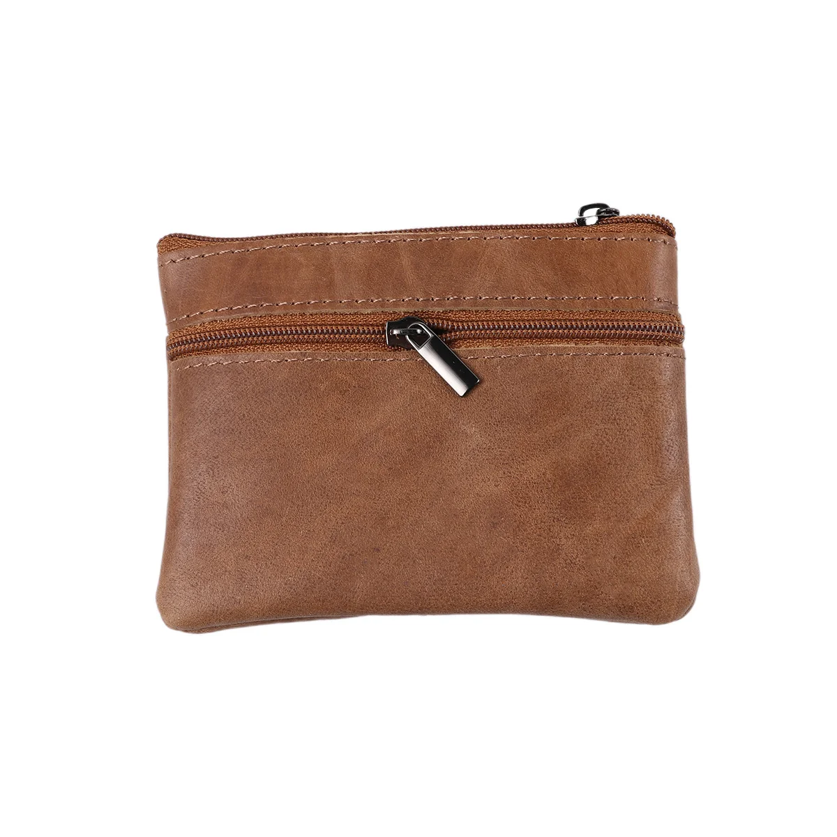 محفظة صغيرة للعملات المعدنية بسحاب من جلد البقر المشمع باللون البني للجنسين، حامل ائتمان مدمج، منظم نقدي صغير للاستخدام اليومي