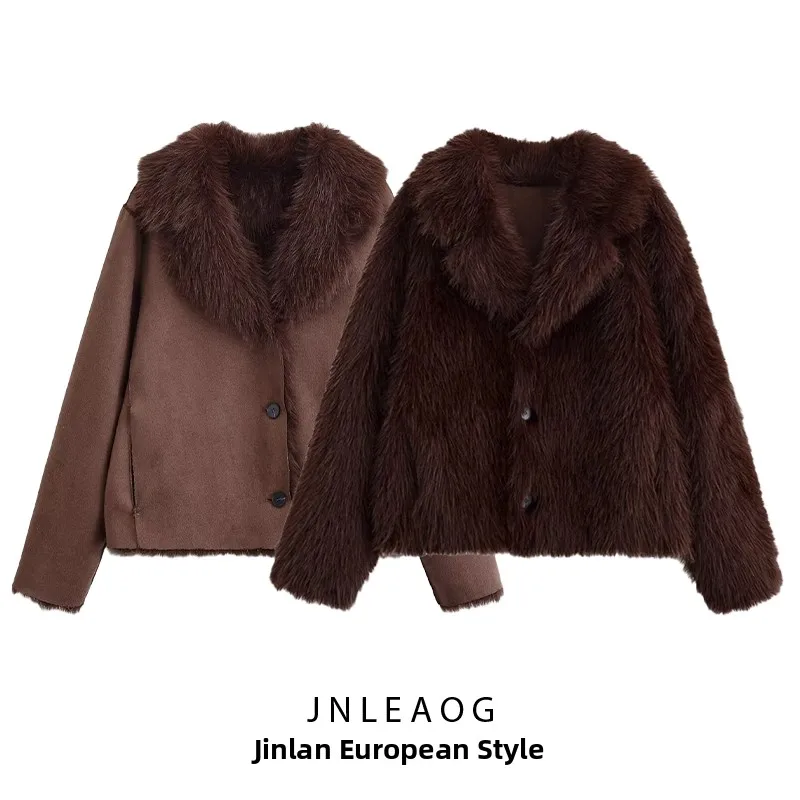 معطف فرو أنيق على الوجهين JNLEAOG للنساء لخريف جديد Sle فضفاض مناسب طويل من البوليستر مع زر #1