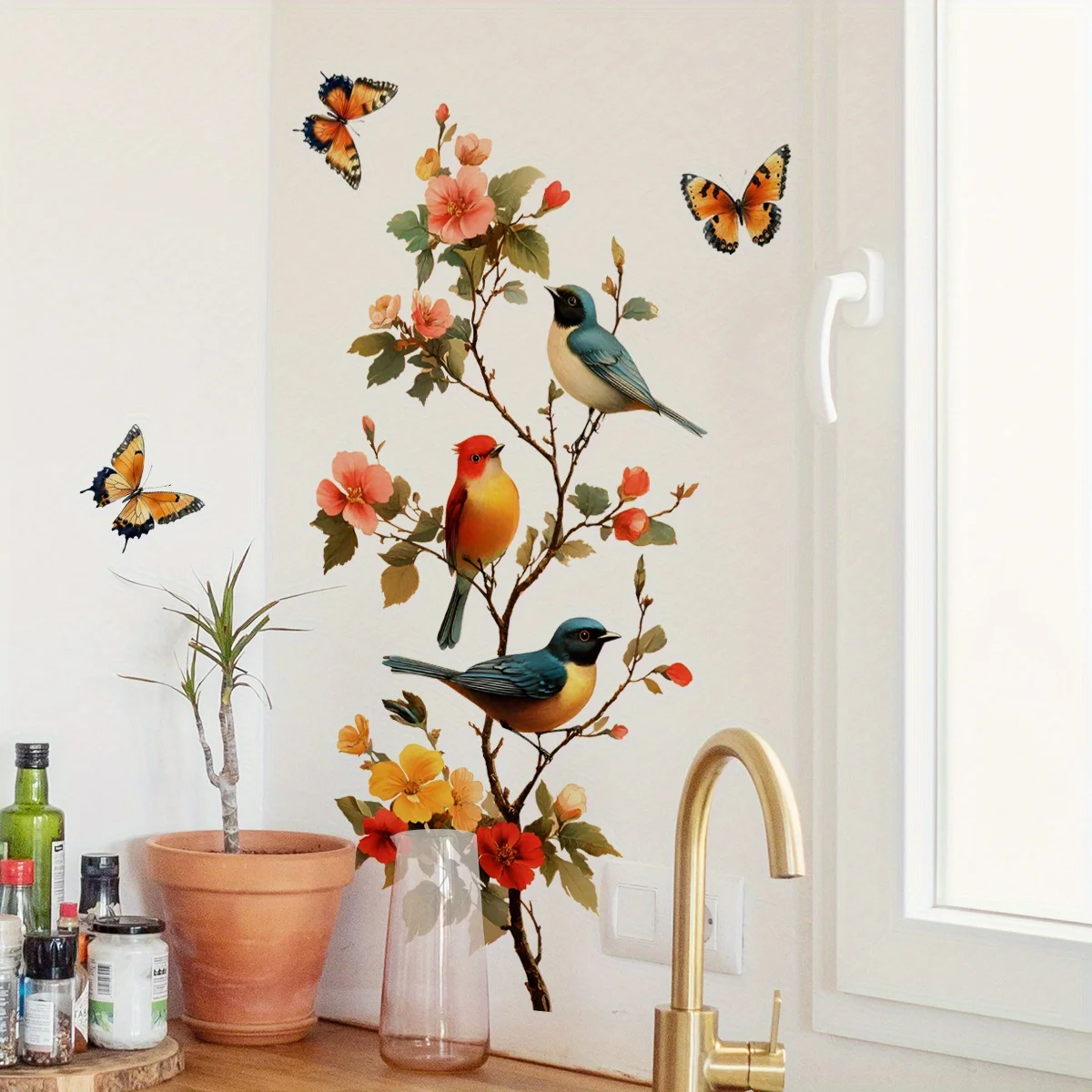 1 Piece of Pastoral Flower and Bird Window Sticker, Butterfly Floral Decoration Sticker, Self-Adhesive Glass Sticker, Bedroom and Living Room Wall Beautification Sticker view 5