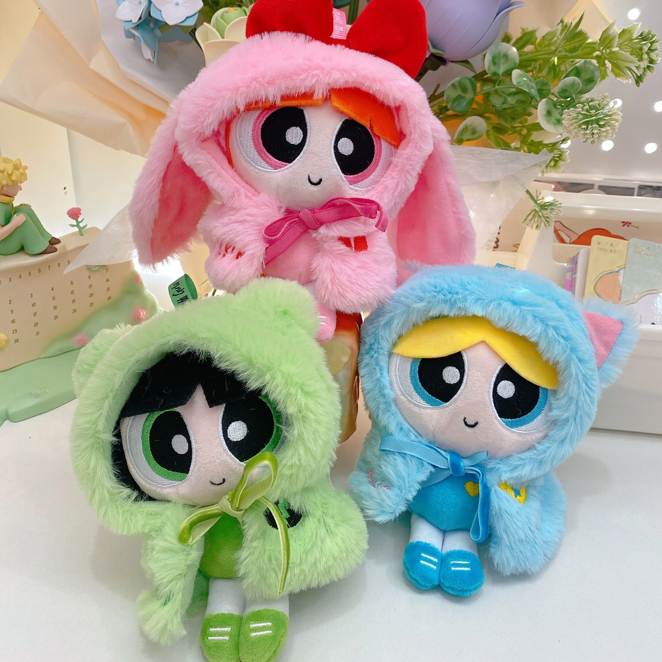 

Powerpuff Girls Plush Keychain with Detachable Hooded Cape Blossom Bubbles Buttercup Stuffed Doll Pendant for Bag Decor