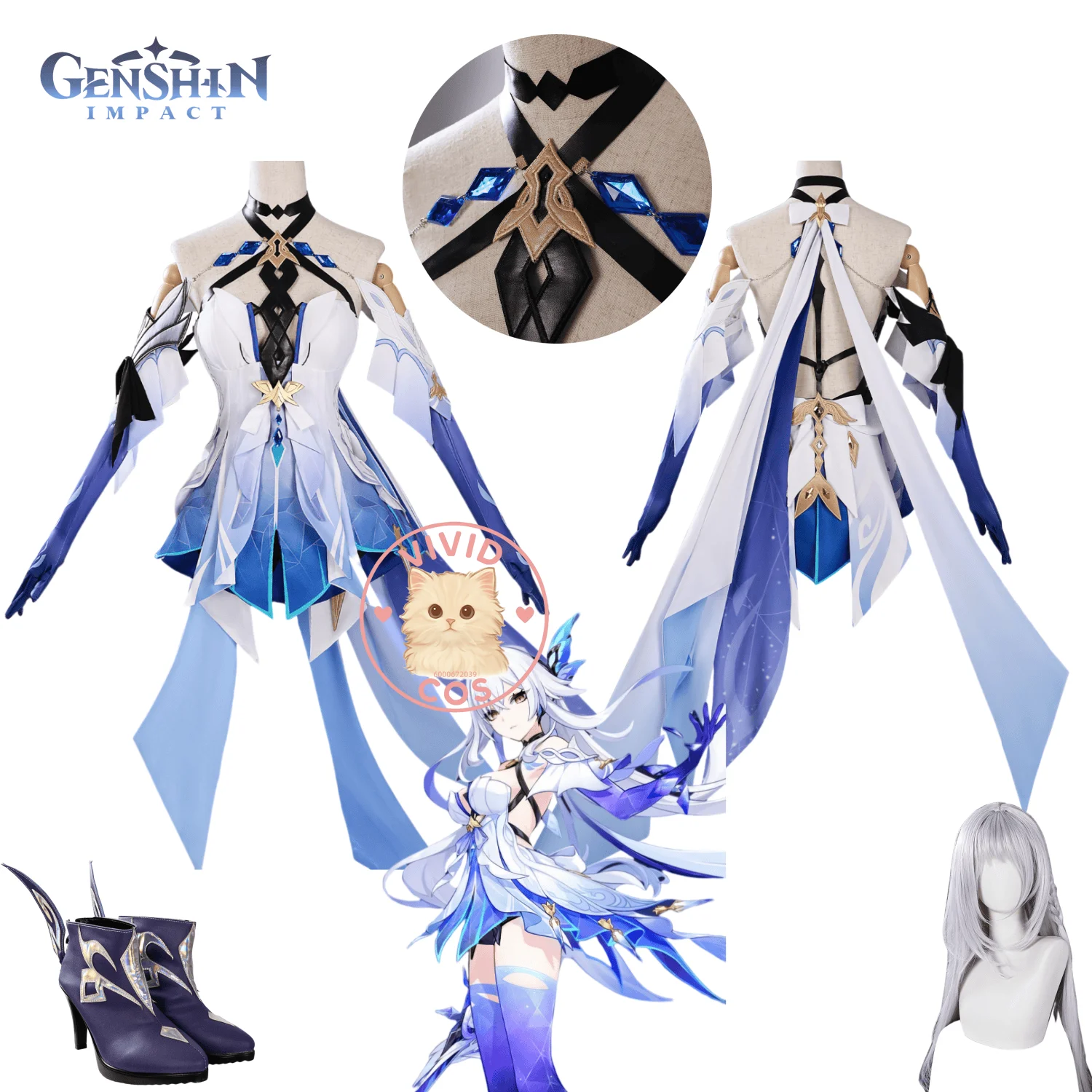 

Game Genshin Impact Cosplay Costume Skirk Role Playing New Anime Clothes Blue Dress for Women Adult Comic Con Party Wig Shoes