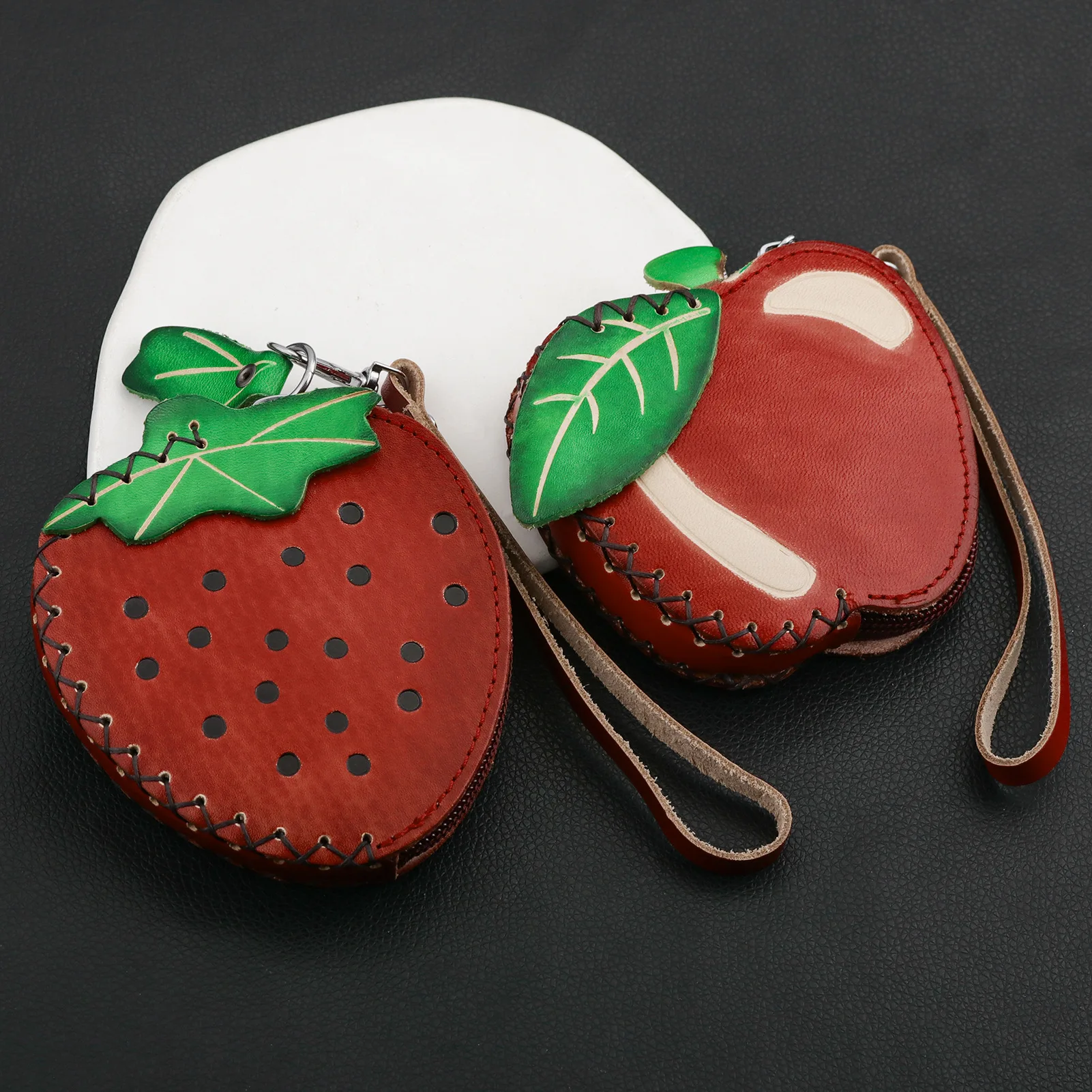 Handmade Leather Coin Purse Cute 3D Fruit Animal Zipper Wallet Wrist Strap Portable Mini Pouch Keychain For Women Gift