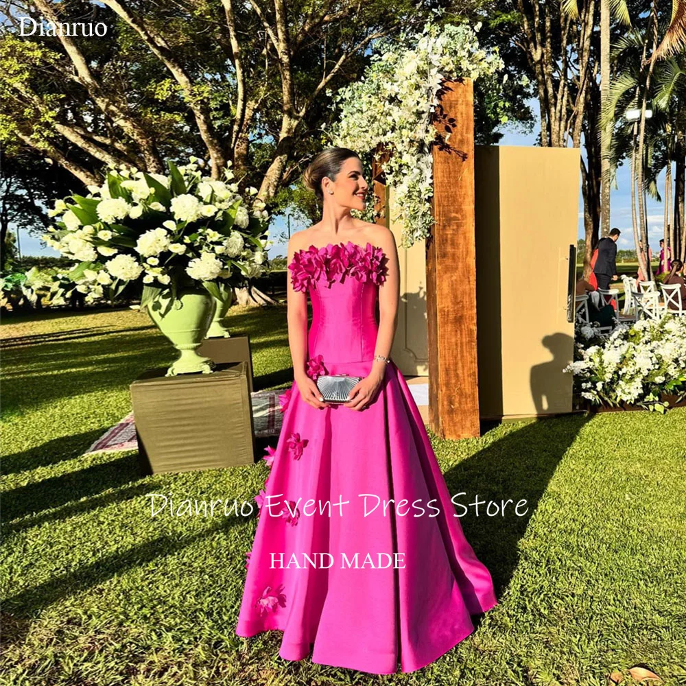 Dianruo ホットピンクノースリーブイブニングドレス 3D 花エレガントなサテン Vestidos デ フィエスタ ストラップレス A ライン誕生日ドレスカスタマイズ