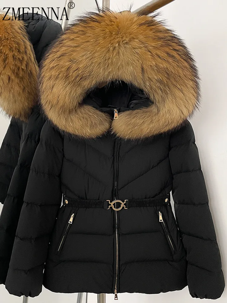 

ZMEENNA женская черная зимняя куртка-пуховик из искусственного меха с капюшоном и поясом на талии, повседневная шикарная верхняя одежда с карманами ZM3794