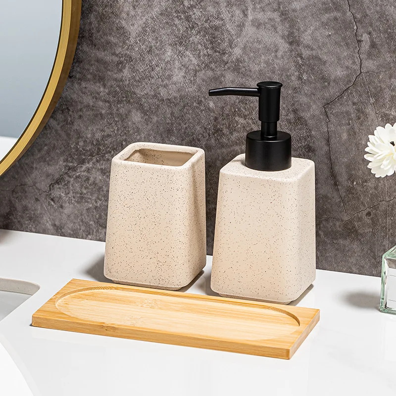 3Pcs Ceramic Bathroom Set Portable Toothbrush Holder Shampoo Bottle Dispenser Bamboo Tray Kit Bathroom Accessories