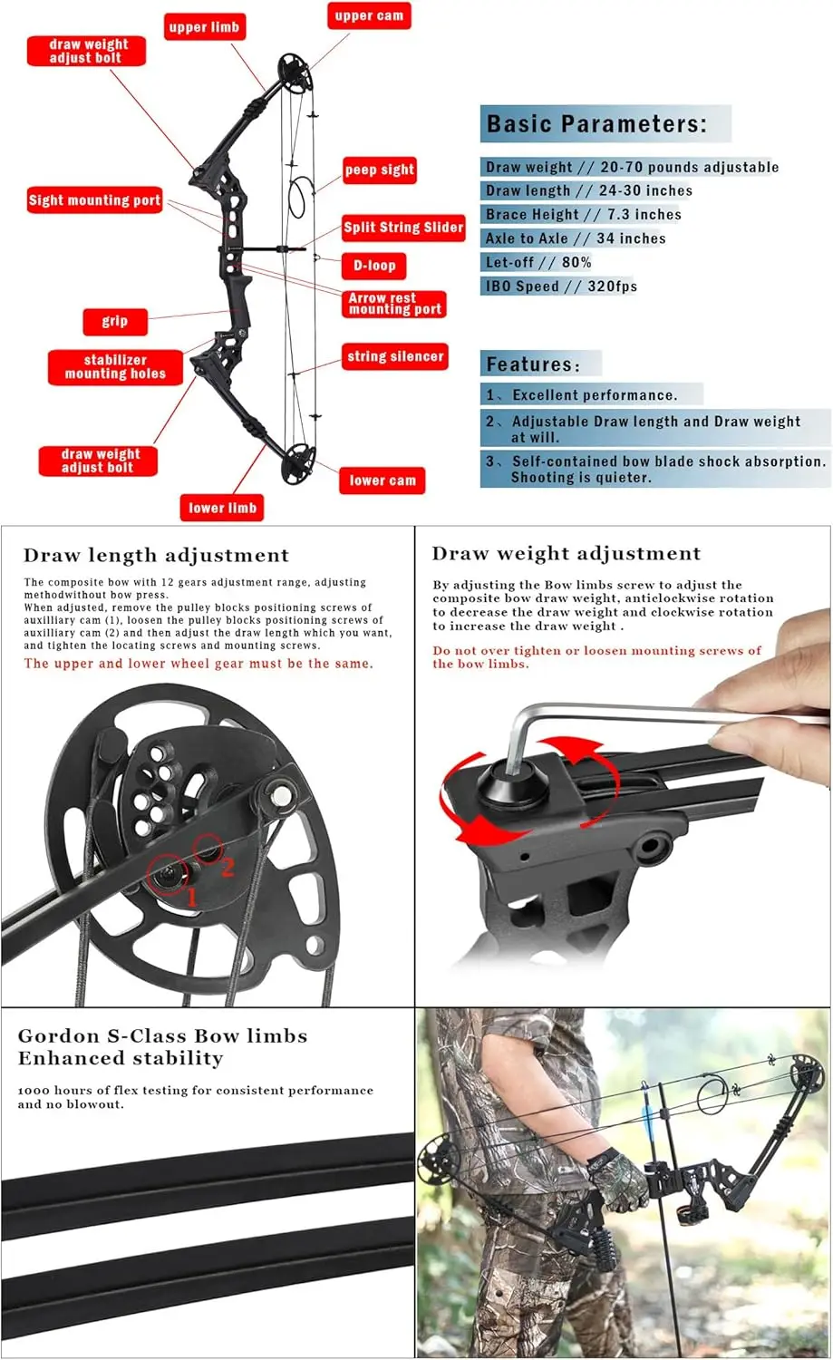 Left-Handed Black Compound Bow Kit,Hunting&Target,Limb Made in USA,Draw Weight 20-70lbs Adjustable,Draw Length 24-30