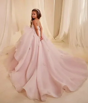 فستان فتاة الزهور الأنيق لحفلات الزفاف الوردي ثلاثية الأبعاد الأزهار تول منتفخ بلا أكمام الطفل أول الأميرة القربان المقدس فستان حفلة عيد ميلاد