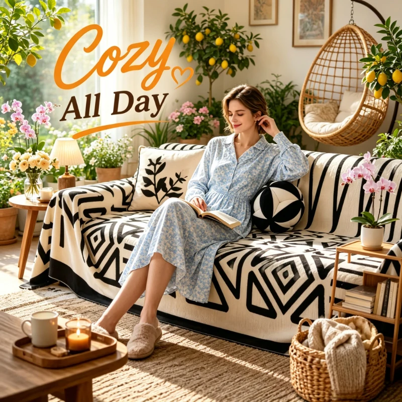 180x230cm Boho Black White Sofa Blanket, Soft Plush Non-slip Cover, Pet Friendly Stylish Decor for Home Living Room