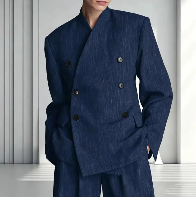 Navy Linen Men's Suits Blend 2 Piece Jacket Pants Separates Casual Loose Fit Double Breasted Formal Evening Party Outfit