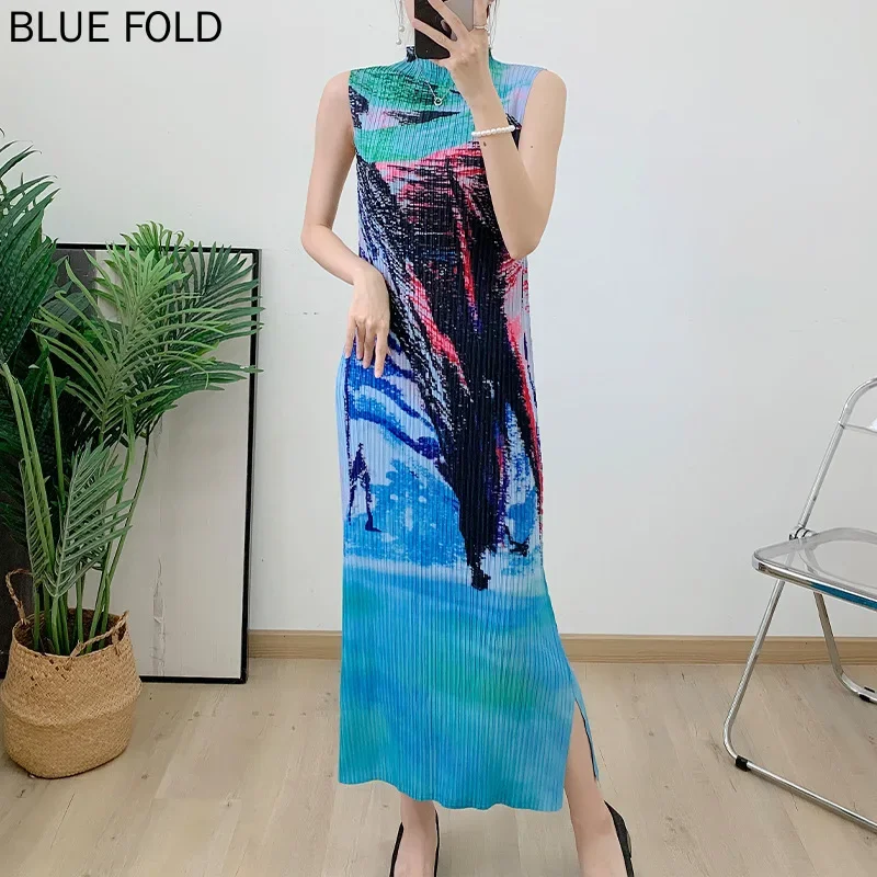 

MIYAKE PLEATS, элегантное праздничное платье-жилет для женщин, летнее модное плиссированное длинное платье без рукавов со шнуровкой и принтом, Vestido