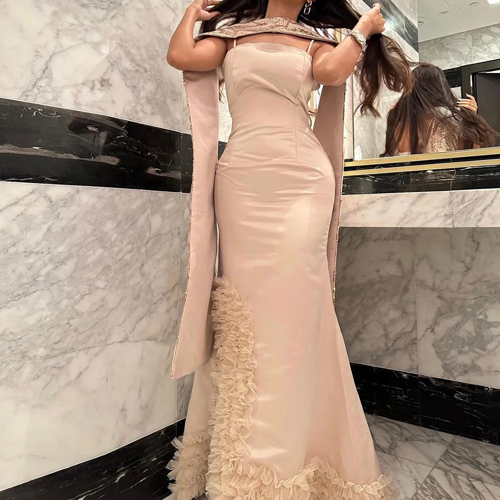 

Ribbons Saudi Arabia Long Beaded Evening Gowns Straight Square Neck sleeveless Ruffles Floor Length Classic Celebrity Dress