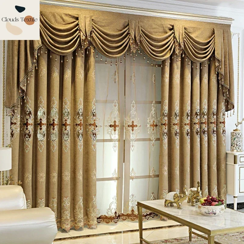 

Custom Coffee European Villa Luxury Curtain for Living Room Bedroom Blackout Dining Valance Tulle Hollow-out Embroidery Size