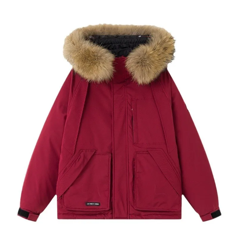 패션 겨울 신상 여성용 화이트 덕다운 큰 털 칼라 후드 다운 재킷 루즈핏 캐주얼 두꺼운 따뜻한 숏 파카