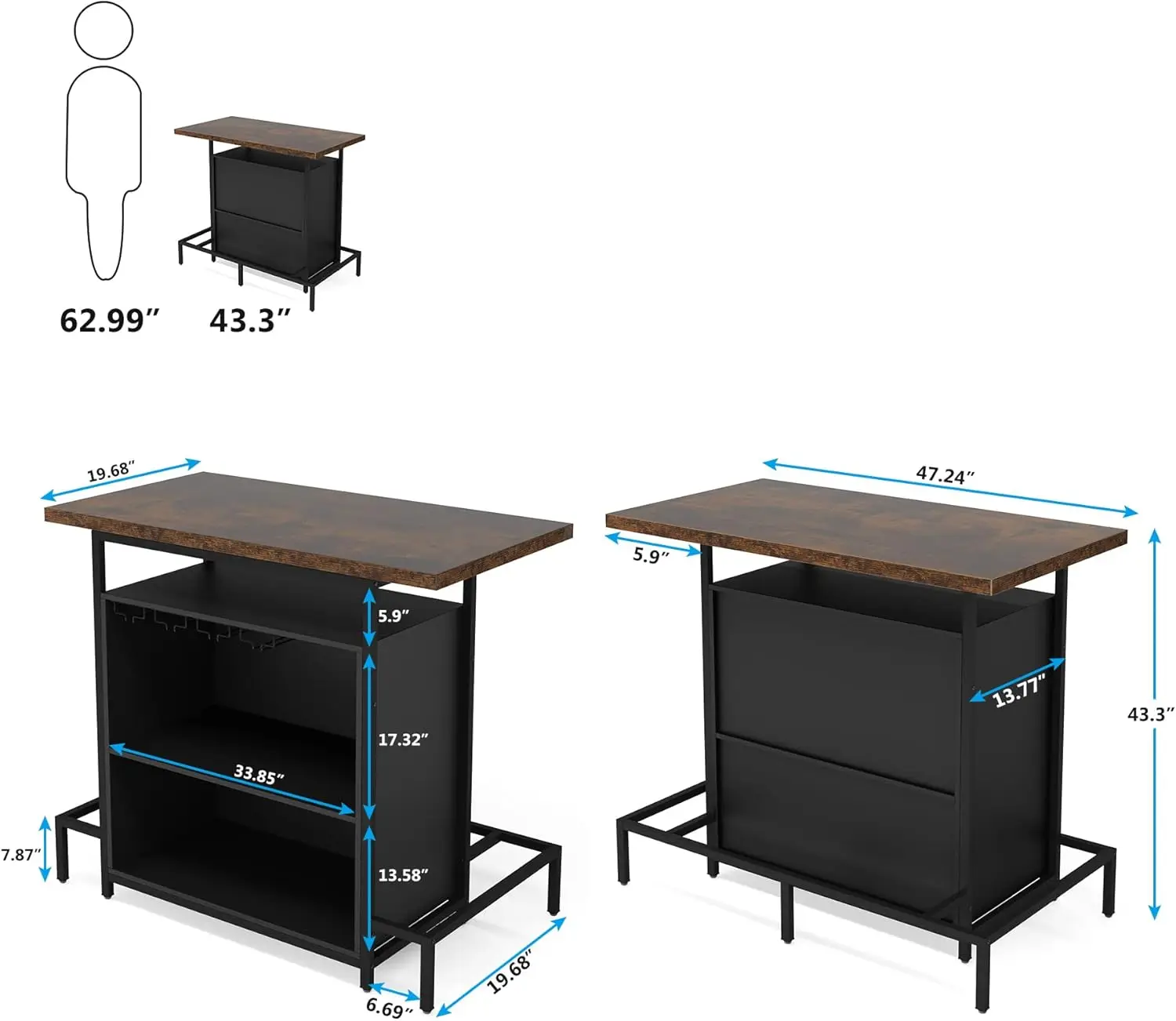 Tribesigns Home Bar Unit, Industrial 3-Tier Liquor Table with Glasses Holder and Wine Storage, Wine Cabinet Set Mini