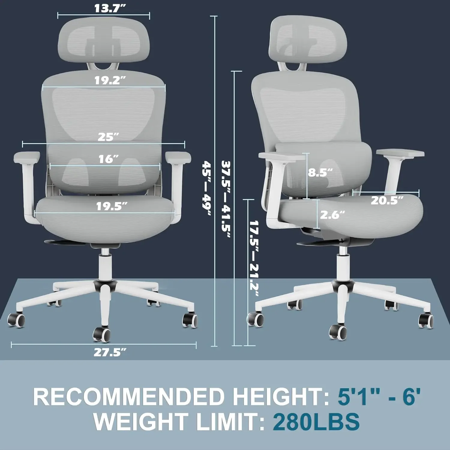 Ergonomic Desk Chair with Adjustable Lumbar Support, 3D Armrest, Headrest, 4-Level Tilt Back, Home Mesh C