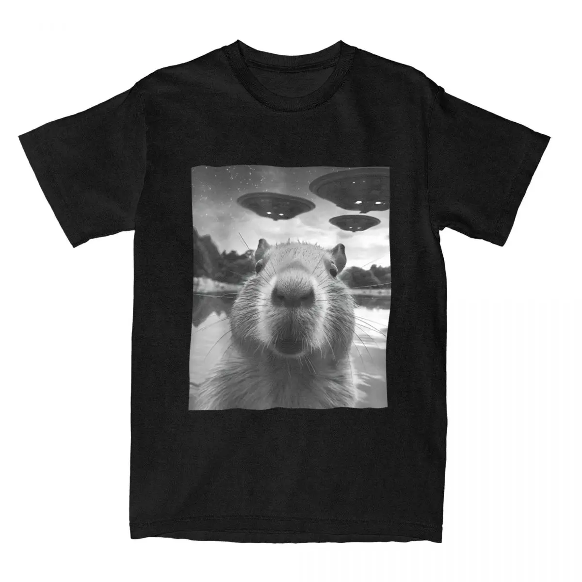 Capybara Selfie With UFOs Weird Men T Shirt Funny Animal Meme Tees Space Ships Graphic T-Shirt Cotton Gift Idea Clothing