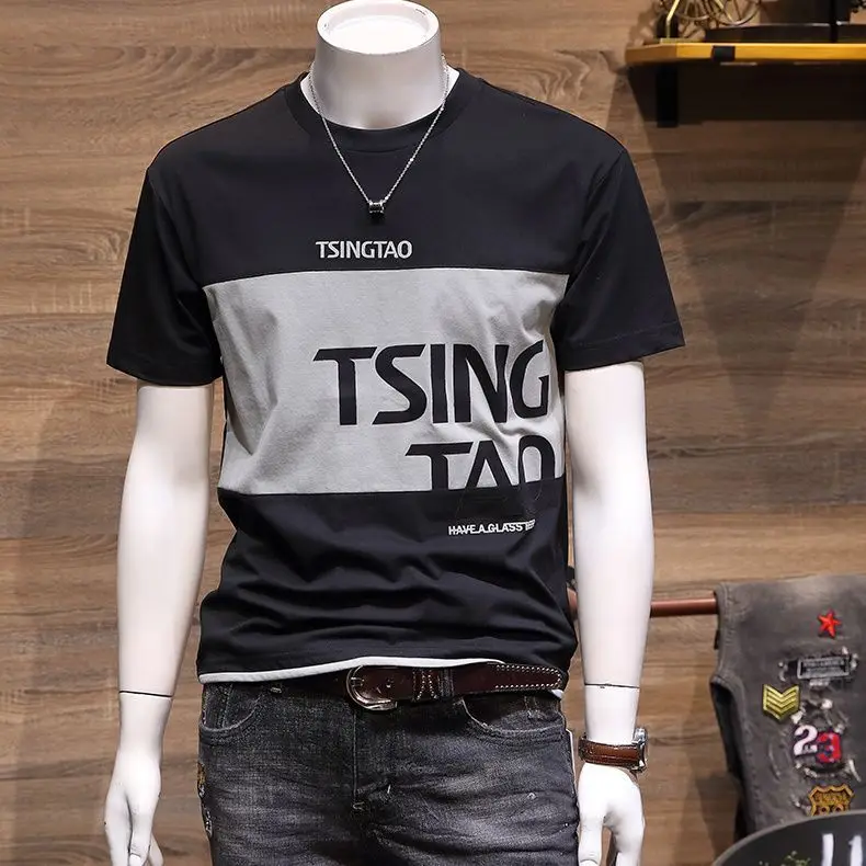 صيف 2025 جديد الكورية نمط الرجال تي شيرتات قصيرة الاكمام 230 جرام القطن الثقيل الرجال إلكتروني طباعة لصق اللون مصمم الموضة المحملة #6