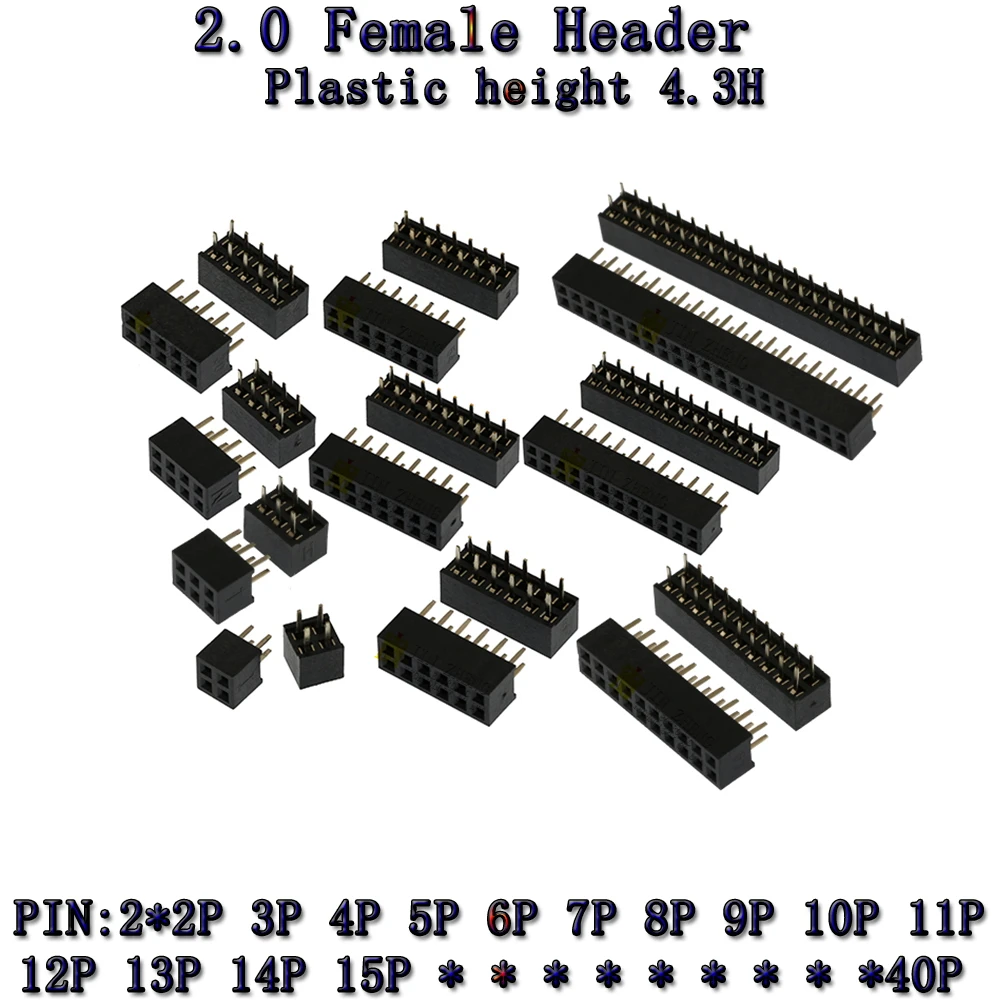 더블 로우 스트레이트 암 2-40P 핀 헤더 소켓 커넥터, 피치 2.0mm, H4.3, 2x 2, 3, 4, 5, 6, 7, 8, 10, 12, 14, 16, 10 개 핀, 18 핀, 20 핀, 30 핀, 40 핀