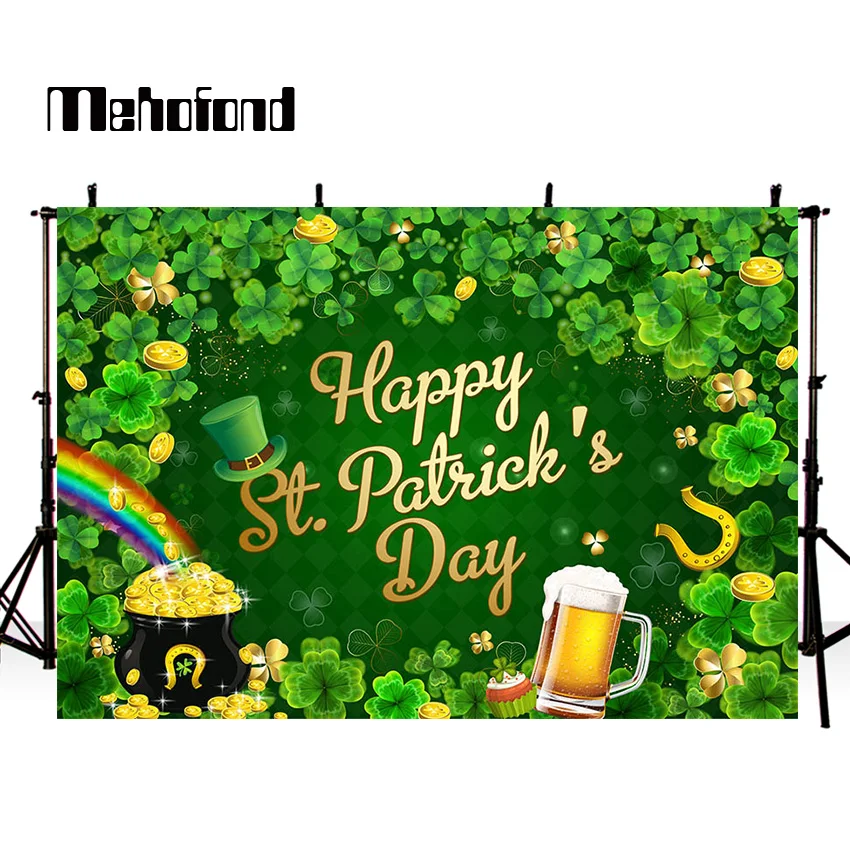 Mehofond Happy St.Patrick's Day Photo Backdrop Green Lucky Shamrock Clover Photography Background Pot of Gold Coins Photocall