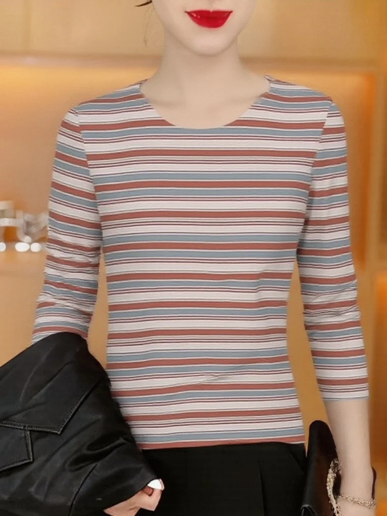 

Элегантная женская футболка с длинным рукавом для беременных, с круглым вырезом, в полоску, дышащая, теплая, из полиэфирного волокна, повседневная одежда для женщин среднего возраста