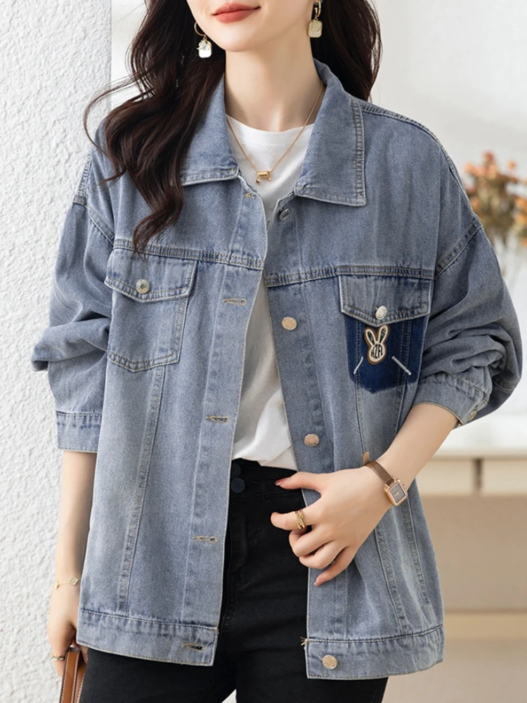 Loose Women's Denim Jaet Spring Autumn New Sle Printed Turn-down Collar Mid-length Faionable Outerwear Commute Sle