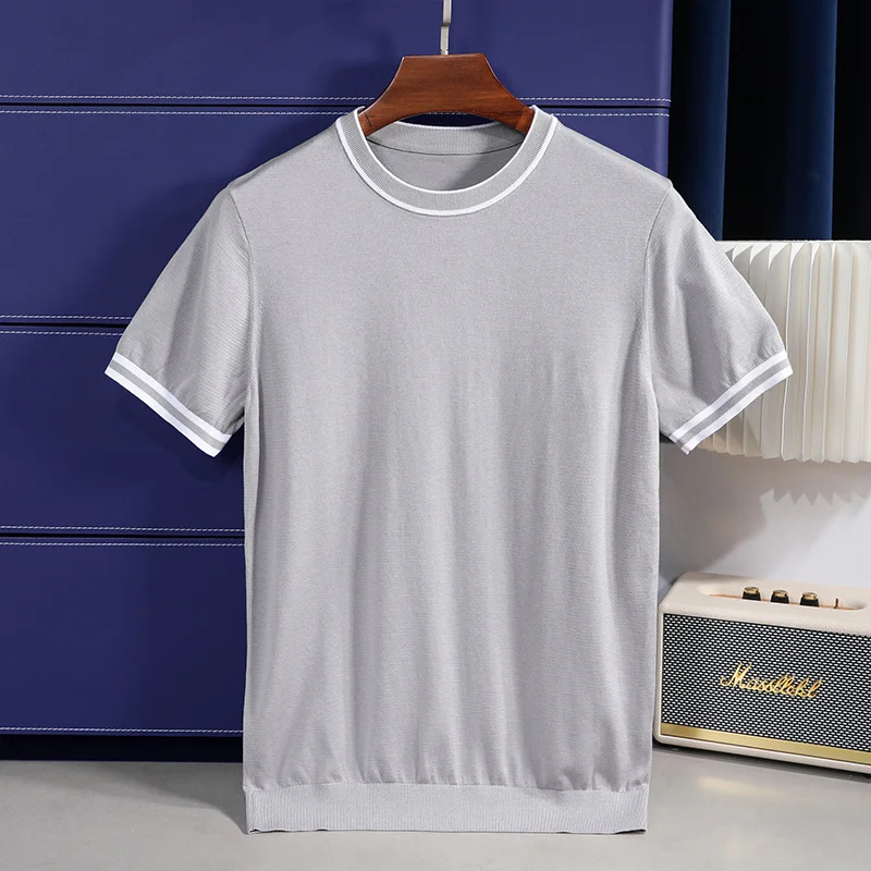 

Summer Luxury Men's Lyocell Business Fashion Round Neck Solid Color Mulberry Silk Neckline Striped Short-sleeved T-shirt M-4XL