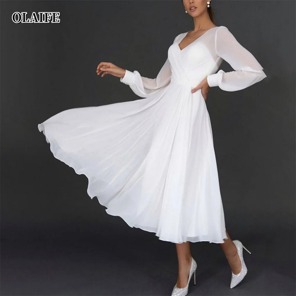 A-Line Princess V-Neck Tea-Length Wedding Dress vestido de novia vestidos novias boda свадебное платье