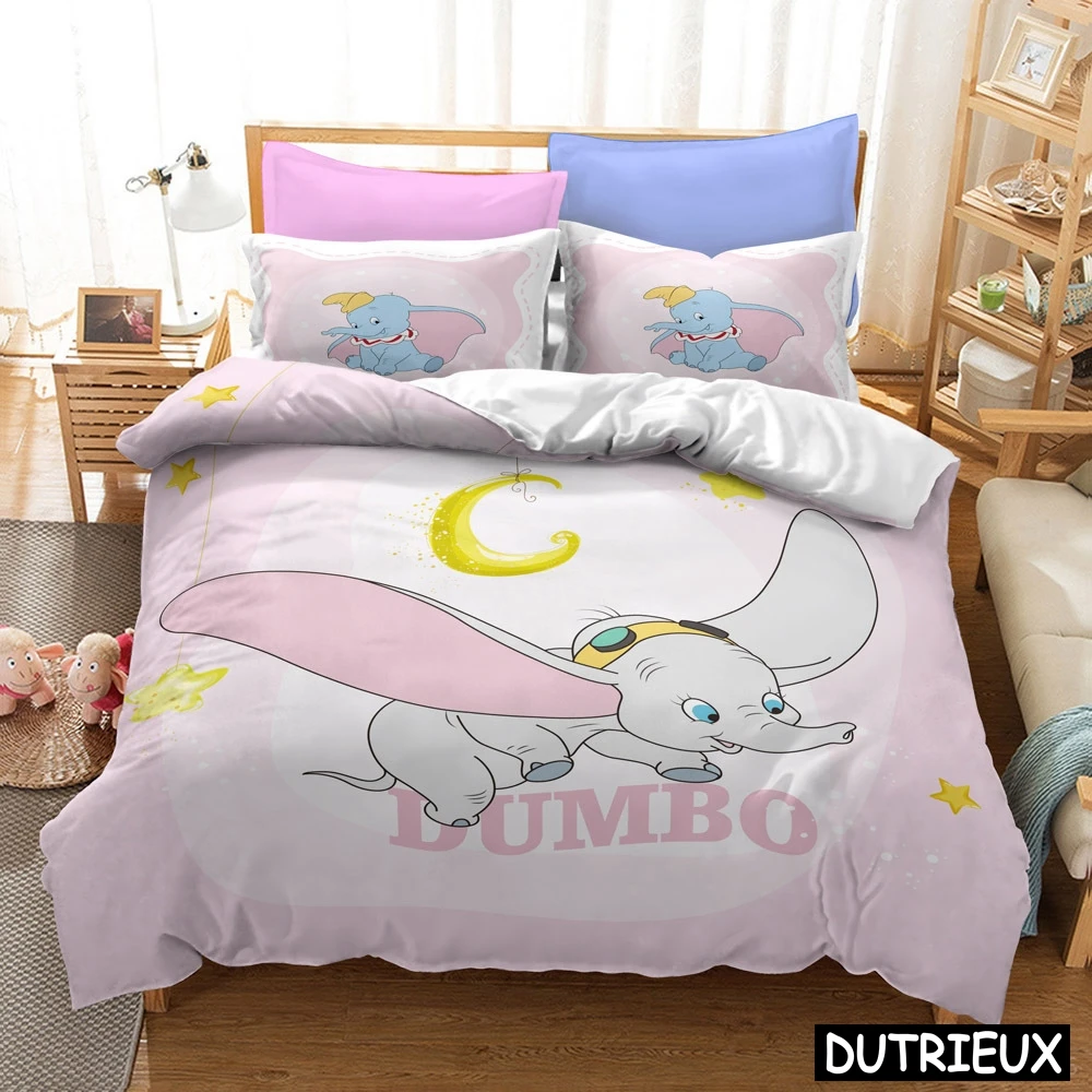 

Lovely Dumbo Flying Baby Elephant Bedding Set Stars Moon Kids Girls Cartoon Duvet Cover Set Bedclothes Gift Twin Full Queen King
