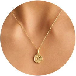 12 Constellation Libra Pisces Virgo Necklace for Women Men Vintage Zodiac Sign Coin Pendant Necklace Stainless Steel Jewelry