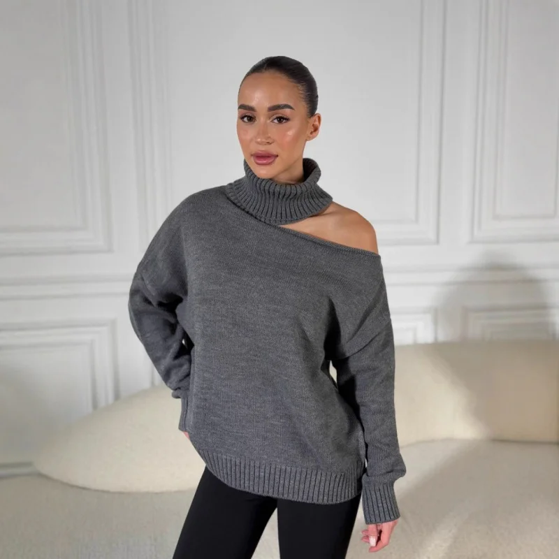 

Spring And Autumn New Solid Color Hollow Sweater Women Loose Lazy Versatile High Neck Pullover