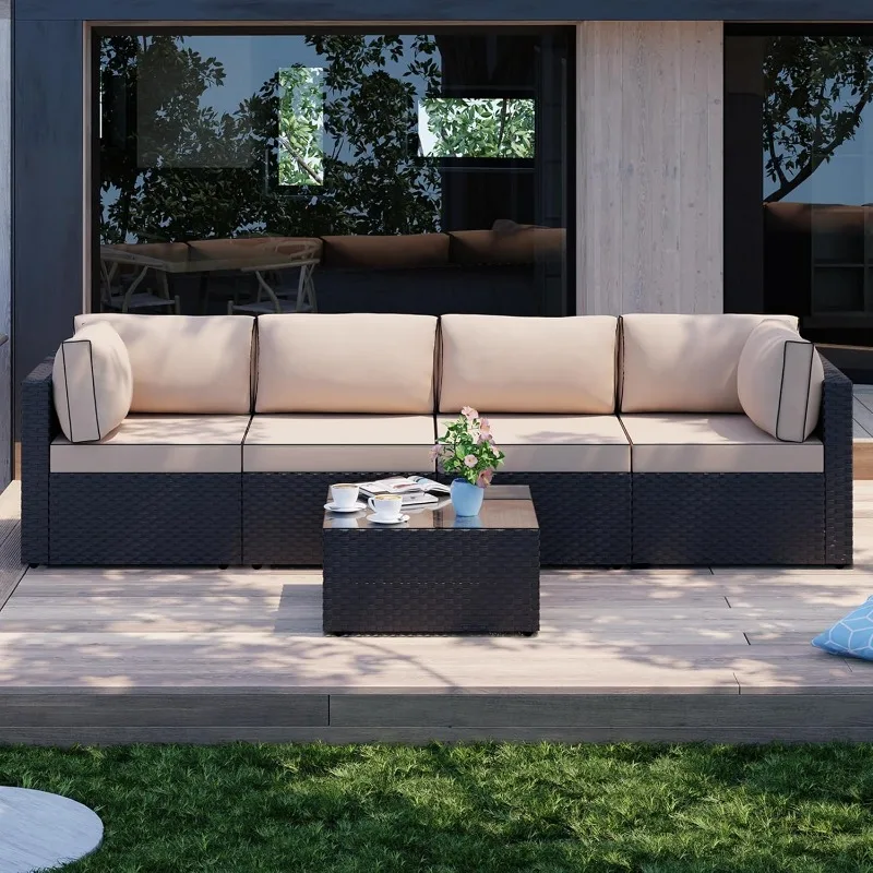 Pieces Outdoor Patio Sectional Couch, Black PE Wicker Furniture Sets, Patio Conversation Sets with Washable Cushions