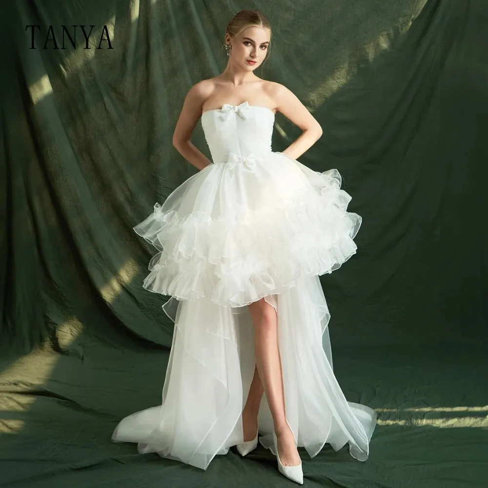 Fashion High Low Wedding Dress With Detachable Tail Strapless Sleeveless Sweep Train Bridal Dress Simple Organza Bridal Gown