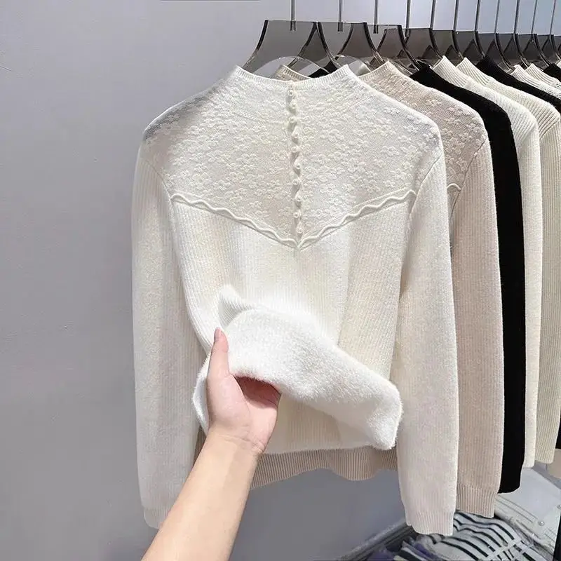 Half High Collar Women\'s Clothing Sweater Knitted Screw Thread Solid Pullover Long Sleeve Autumn Winter Lace Patchwork Tops