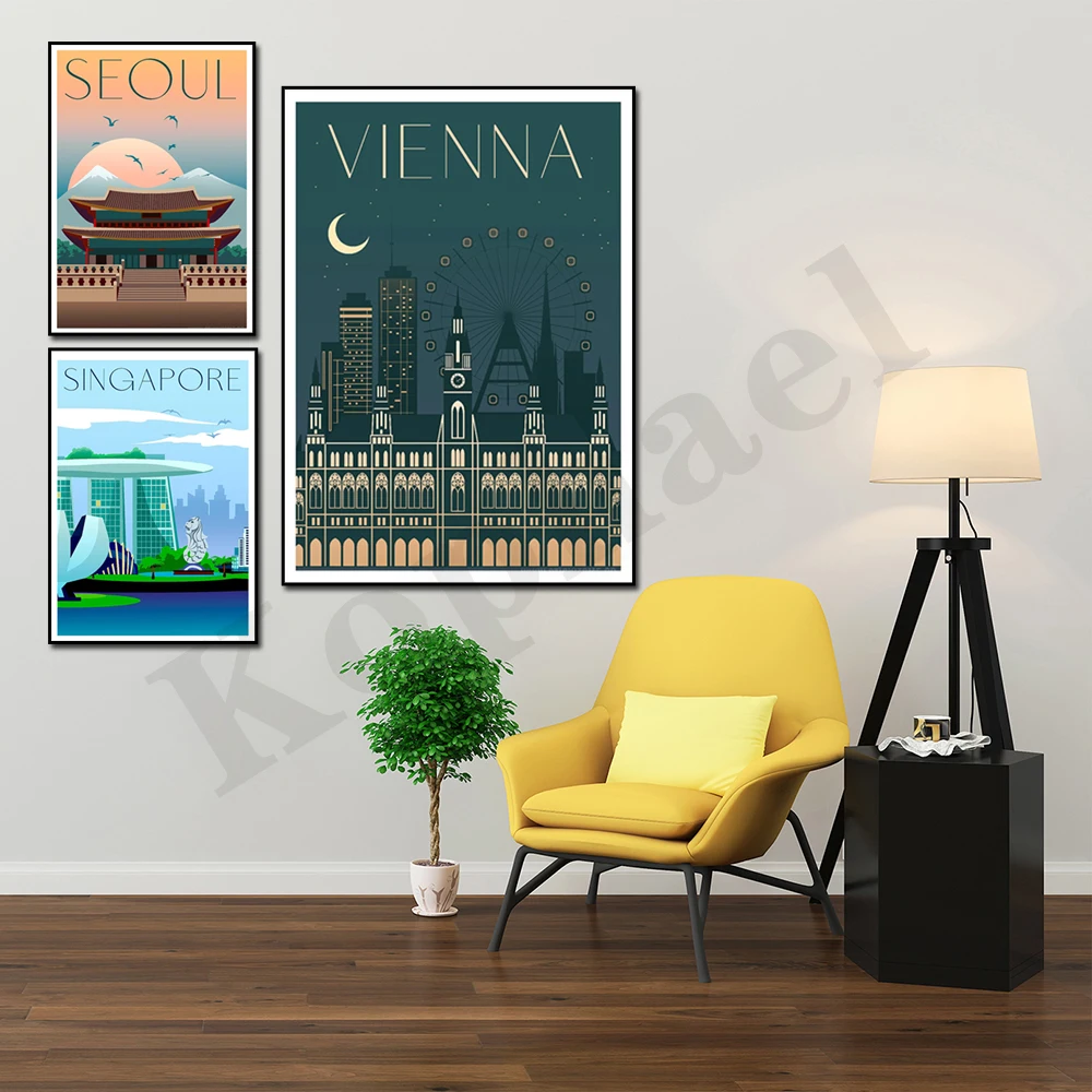 Seoul Amsterdam California Cairo Singapore Berlin Barcelona Vienna. City Travel Scenery. Home Wall Decor Art Canvas Painting