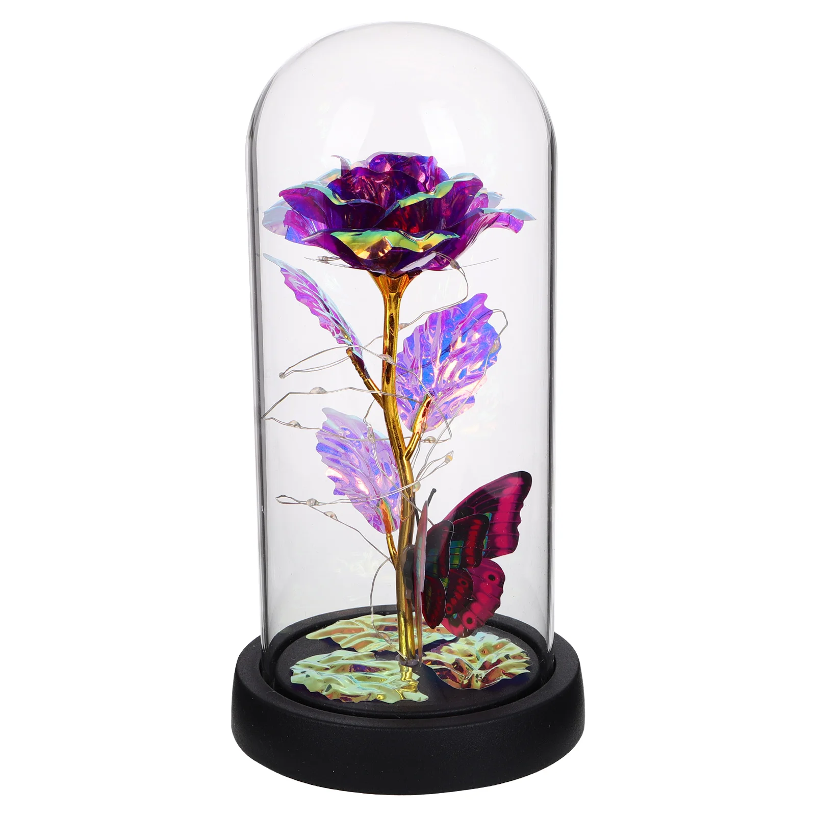 

Simulation Glass Dome Preserved Decorative Flower with Lights Romantic Valentine's Day Present Indoor Desktop Decor