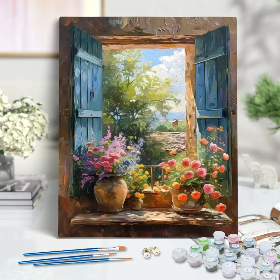 

RUOPOTY Painting By Numbers Acrylic Vintage Flowers for Doors and Windows Scenery Paint Kit Color Markers Canvases For Paint Kit