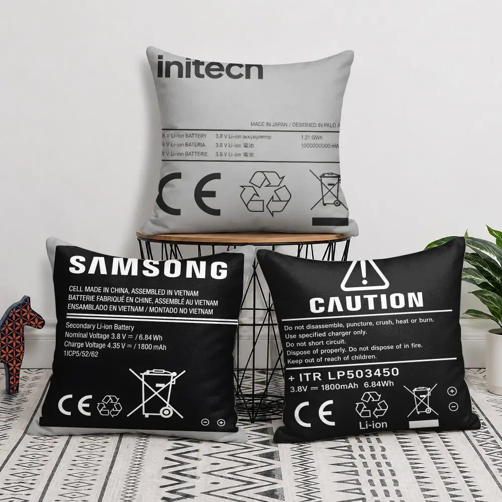Lithium Battery Warning Label Cushion Cover Natural Linen Organic Fabric Double-Sided Printing Sofa Home Decor Gift Pillow Cover