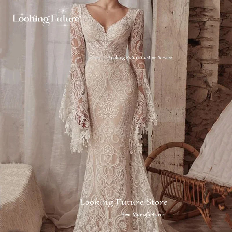 Boho Mermaid Wedding Dresses Long Sleeve Pleat Sexy Lace Illusion Bridal Gowns V-Neck Backless Zipper Sweep Train Customized