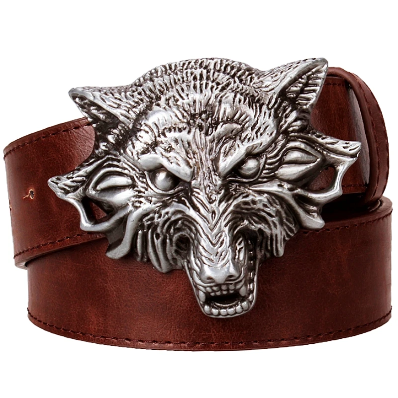 Big Wolf Head Metal Buckle Belt Men Angry Wolves Totem Coyote Leather Waistband Jeans Gift For Man