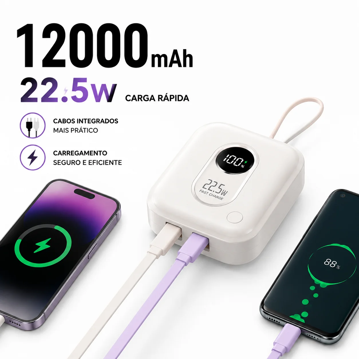 Power Bank 12000mAh Carregador Portátil com Cabos Integrados e Display LED Bateria Externa de Carga Rápida para Celular