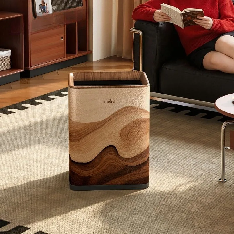 Leather Trash Can Modern Creative Built-in Stainless Steel Garbage Bins Nordic Large Capacity Rectangular Trashcan Home Supplies