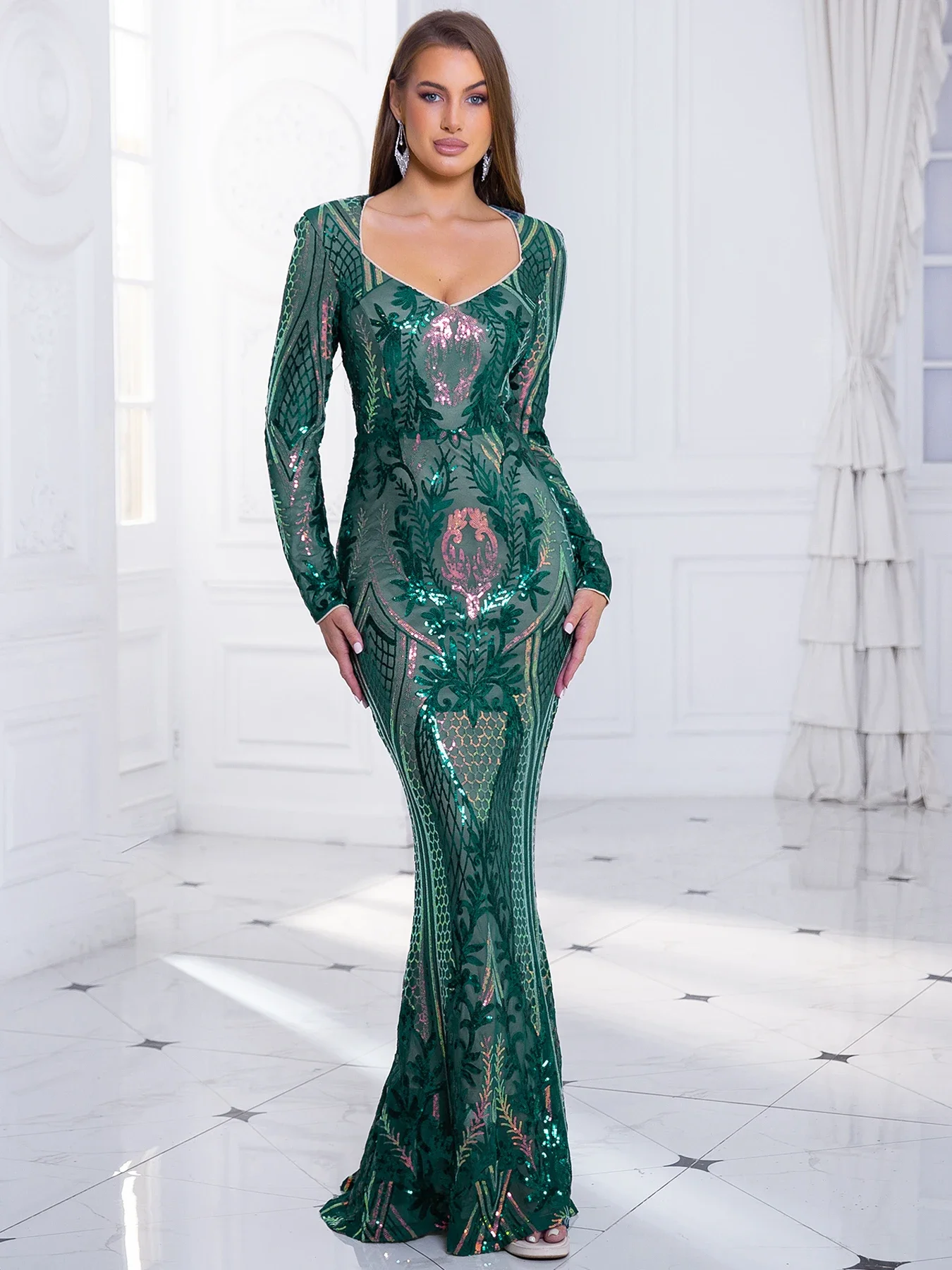 Long Sleeve V Neck Stretch Green Sequin Party Dress Full Lining Floor Length Evening Night Out Gown