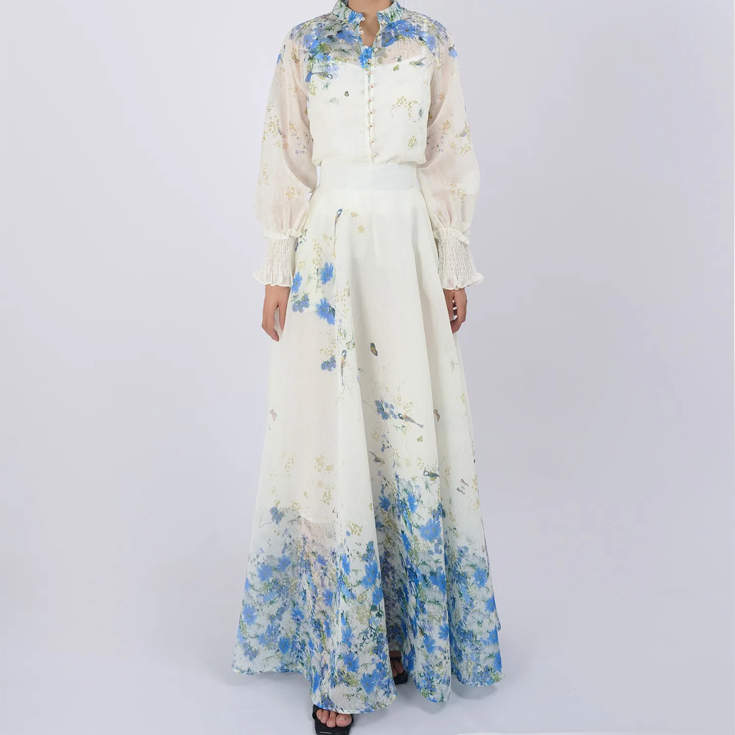 طقم تنورة ماكسي عالية الخصر مع قميص مطبوع بأكمام فانوس أنيق وملائم للسيدات لعام 2024، بتصميم حلو من ألياف البوليستر على شكل ح... #3