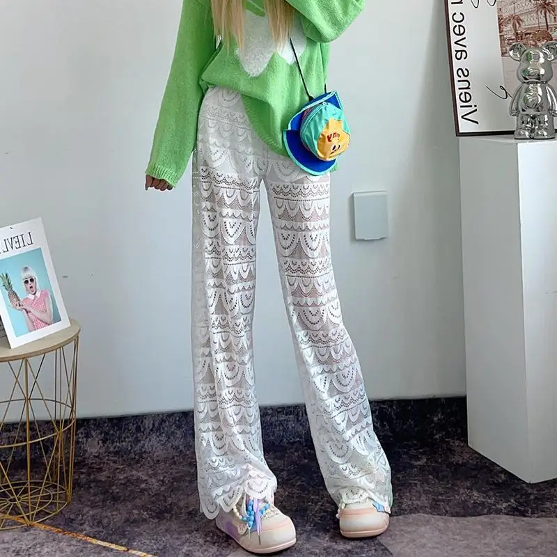 2024 New Lace Pants for Women's Outwear Summer Thin Long Pants Loose High Waist Draping Casual Straight leg Wide leg Pants