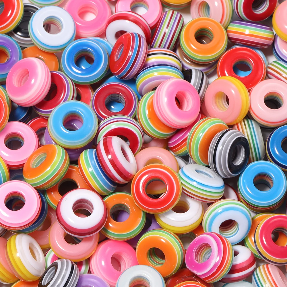 50 Stück 14 mm Regenbogen-gestreifte Harzperlen, flach, rund, großes Loch, lose Abstandsperlen für die Schmuckherstellung, DIY-Schlüsselanhänger, Armbandzubehör – Detail 5