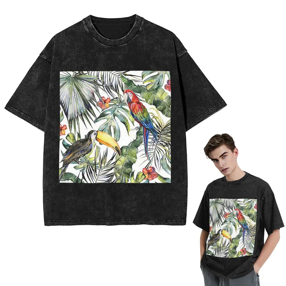 Streetwear T-Shirts Tropical Jungle Washed T Shirt Short Sleeve Hip Hop T-Shirt Tops Tees for Men Women