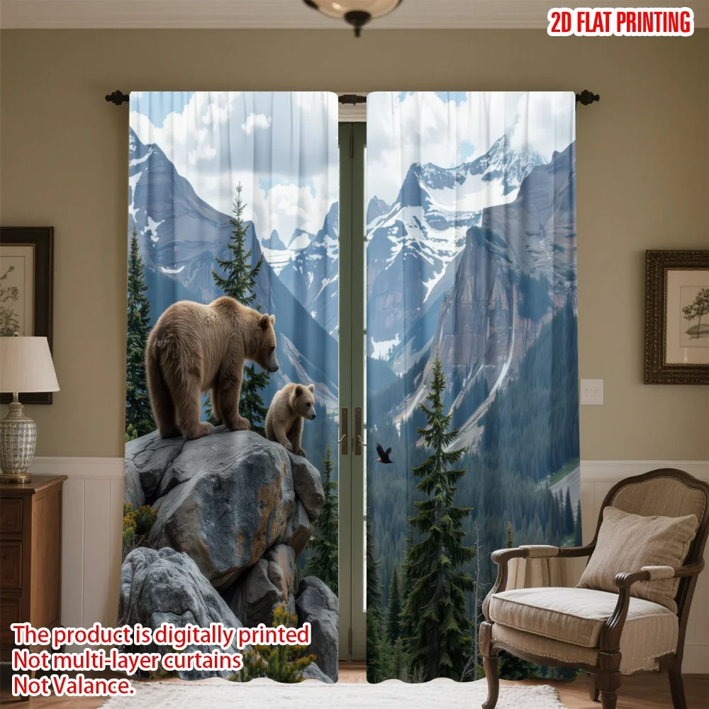 

2D flat printing 2pcs Window Treatment Curtains Bears on Mountain Overlook Digital Printed Polyester Drapes Holiday Decorations