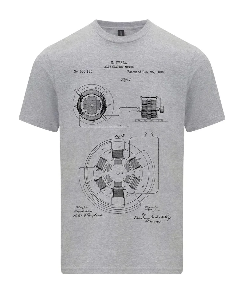 نيكولا تيسلا محرك التيار المتردد براءة اختراع مخطط مولد التيار المتردد تي شيرت شخصية عالية الجودة طباعة الرجال والنساء نفس النمط الشارع القمم