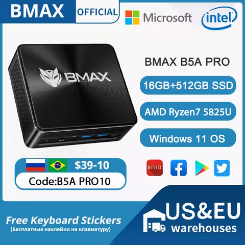 BMAX B5APRO Mini PC AMD Ryzen7 5825U 8 Cores Processor Up to 4.5GHz 16GB DDR4 RAM 512GB NVMe SSD 2.4/5GHz WiFi Bluetooth 5.0
